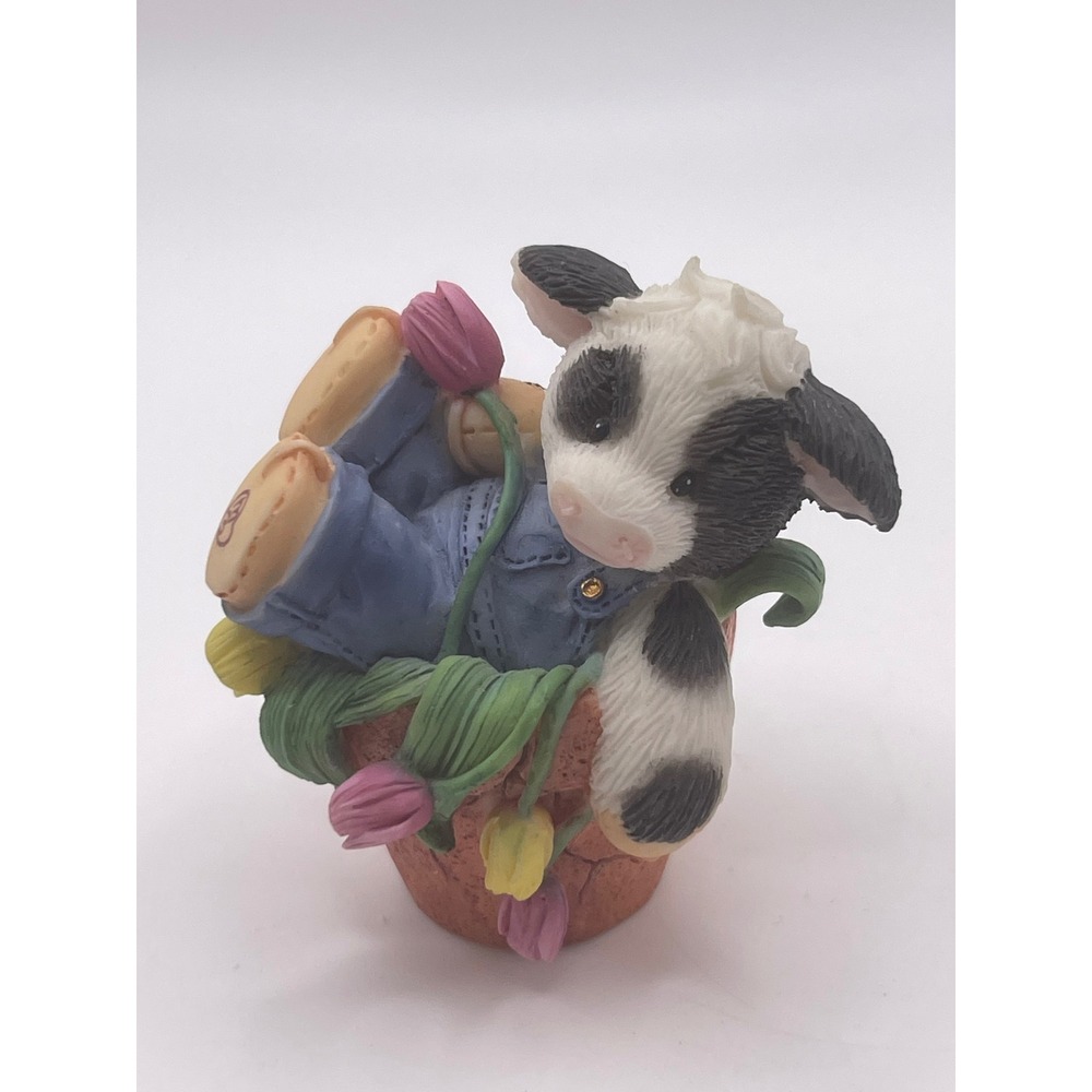 Enesco Mary's Moo Moos Falling for Moo Cow Figurine 1996 207136 Flower Pot Tulip
